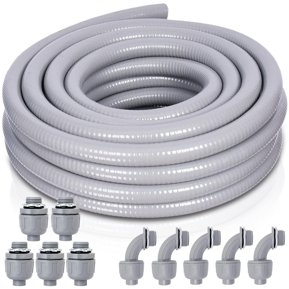 Feotech liquid-tight conduit 25 ft shown in outdoor installation for weather-resistant wiring