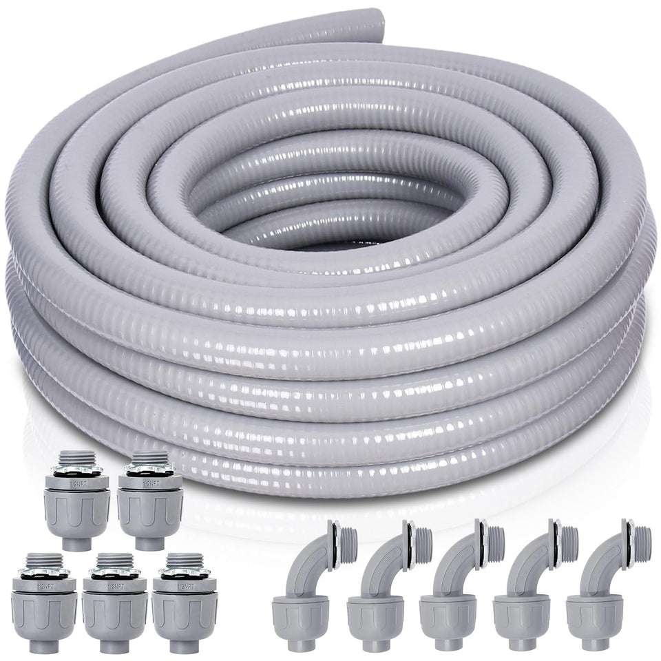 Feotech liquid-tight conduit in outdoor installation protects wiring from weather and moisture