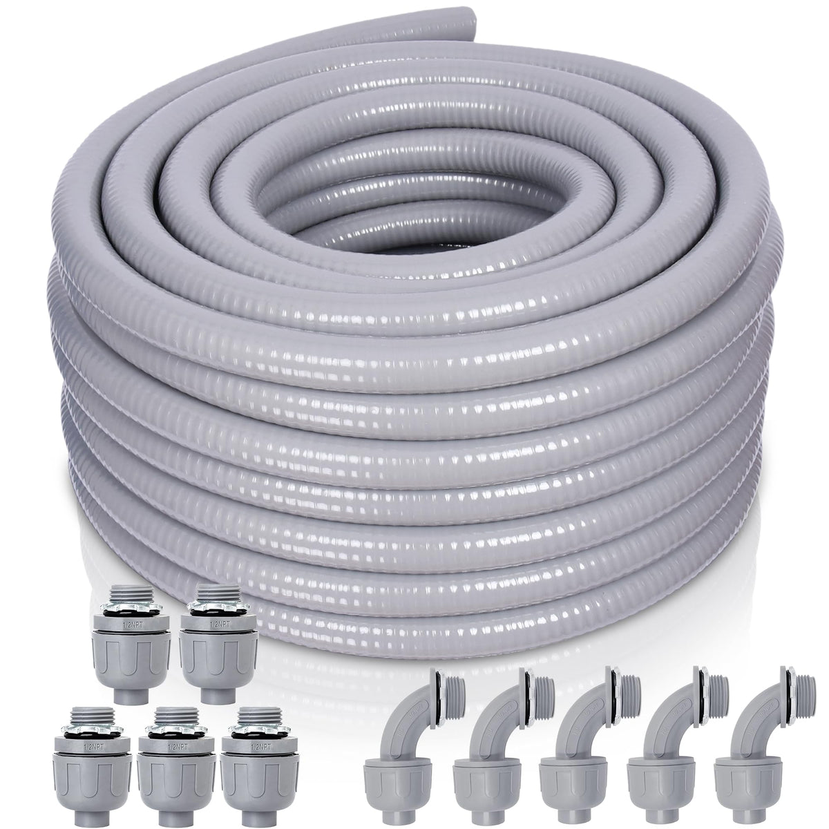Feotech liquid-tight conduit 50ft coil offering weatherproof outdoor protection.