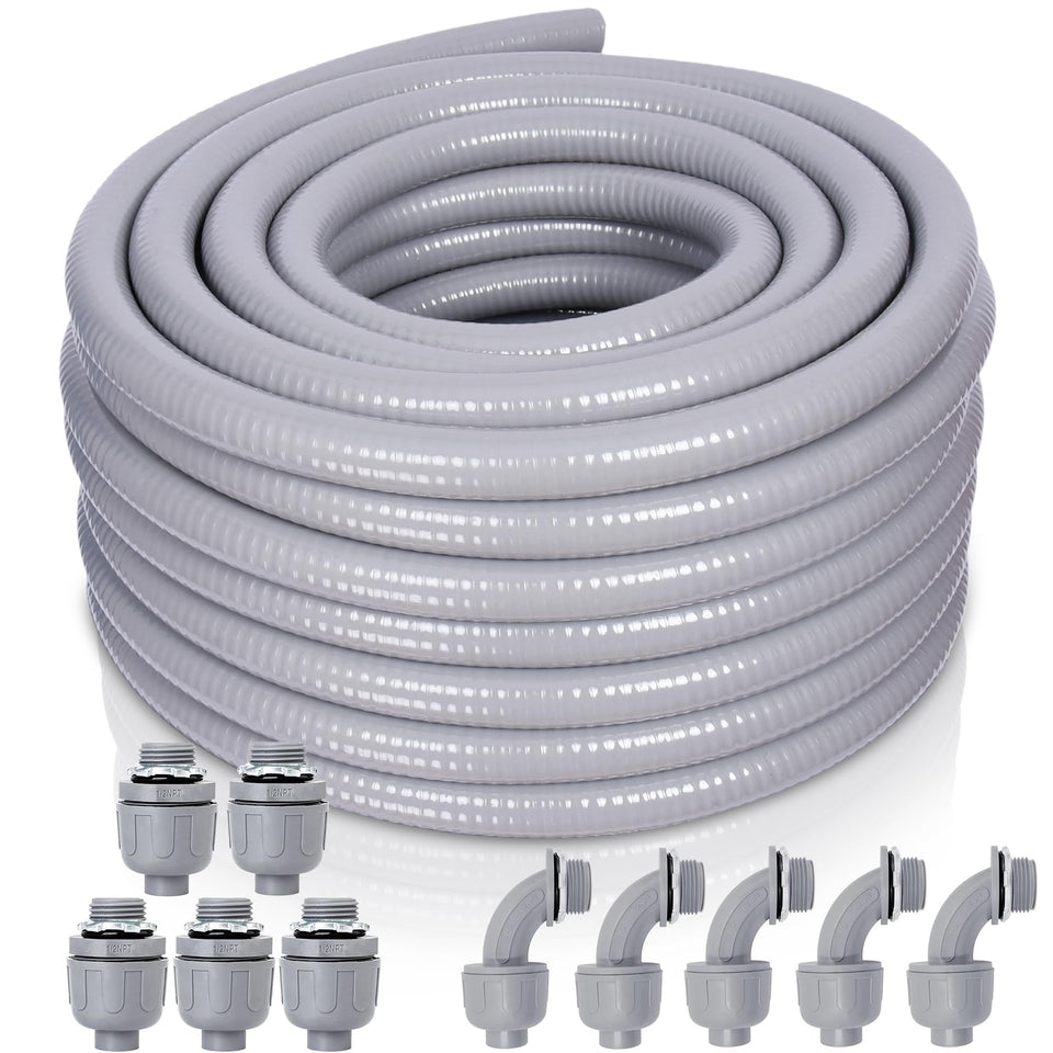 Feotech liquid-tight conduit 50ft coil offering weatherproof outdoor protection.
