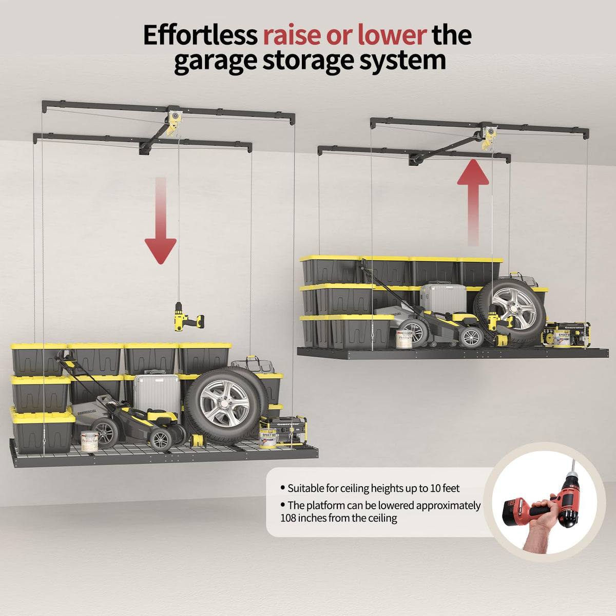 FERO adjustable-height ceiling rack reaches up to 9 feet for flexible storage.