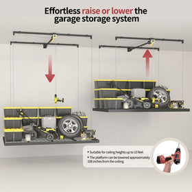 FERO adjustable-height ceiling rack reaches up to 9 feet for flexible storage.