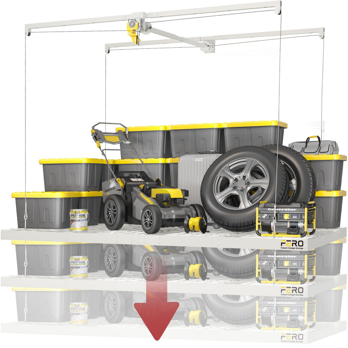 FERO garage ceiling rack assembly shows sturdy H-frame for stability.