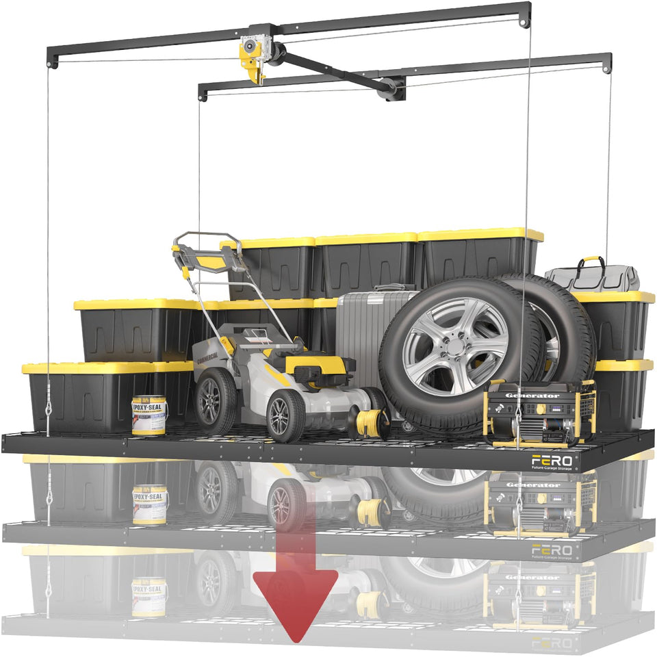 FERO garage ceiling storage rack 4x8 overhead maximizes space with a durable frame.