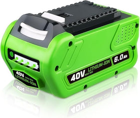 FERRYBOAT 6000mAh 40V battery with LED indicators powering Greenworks tools.