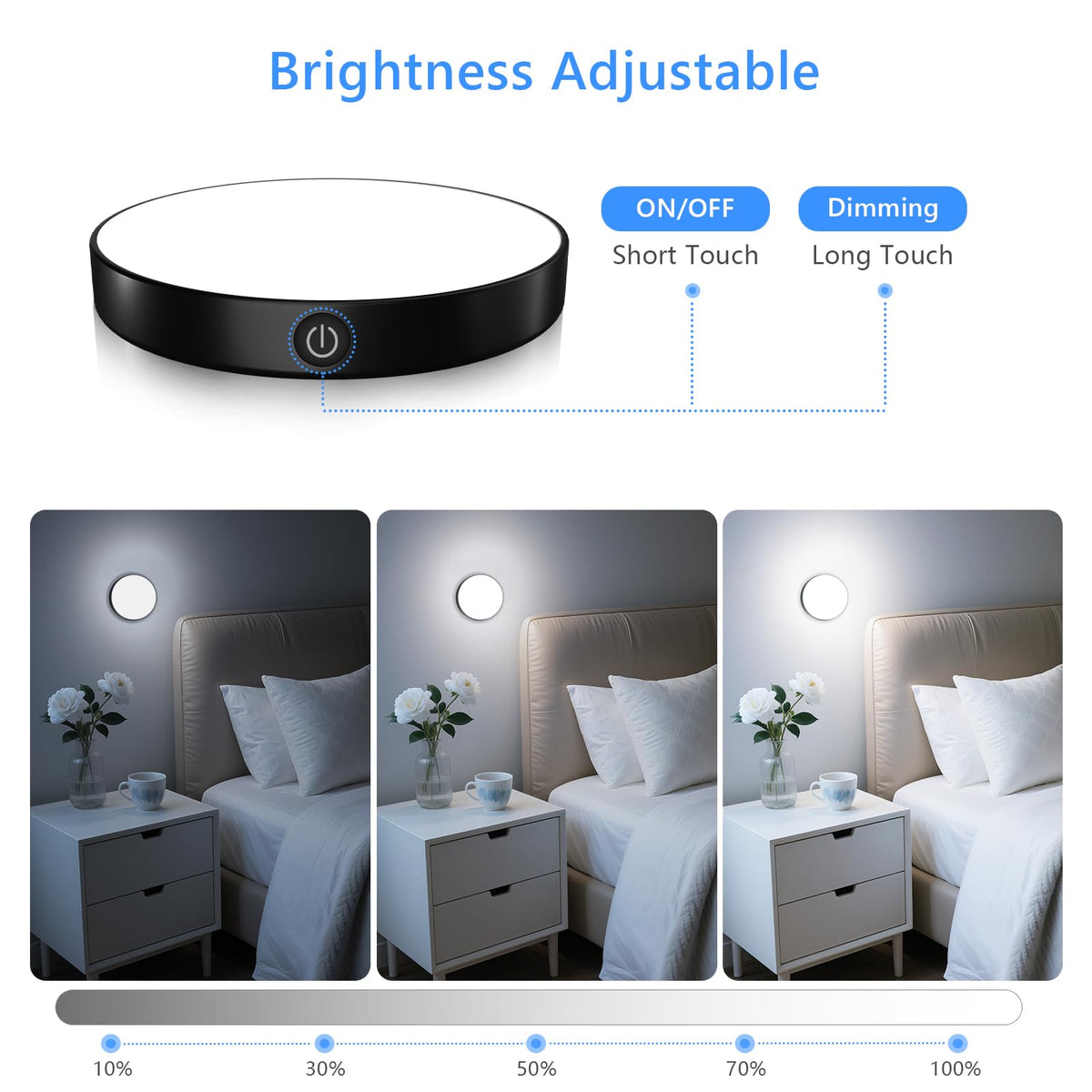 Ferswe Rechargeable Tap Light remembers last brightness setting.