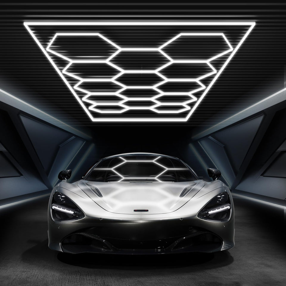 FERUERW Hexagon Garage Light in ceiling-mount setup, broad daylight-like brightness for the entire garage.