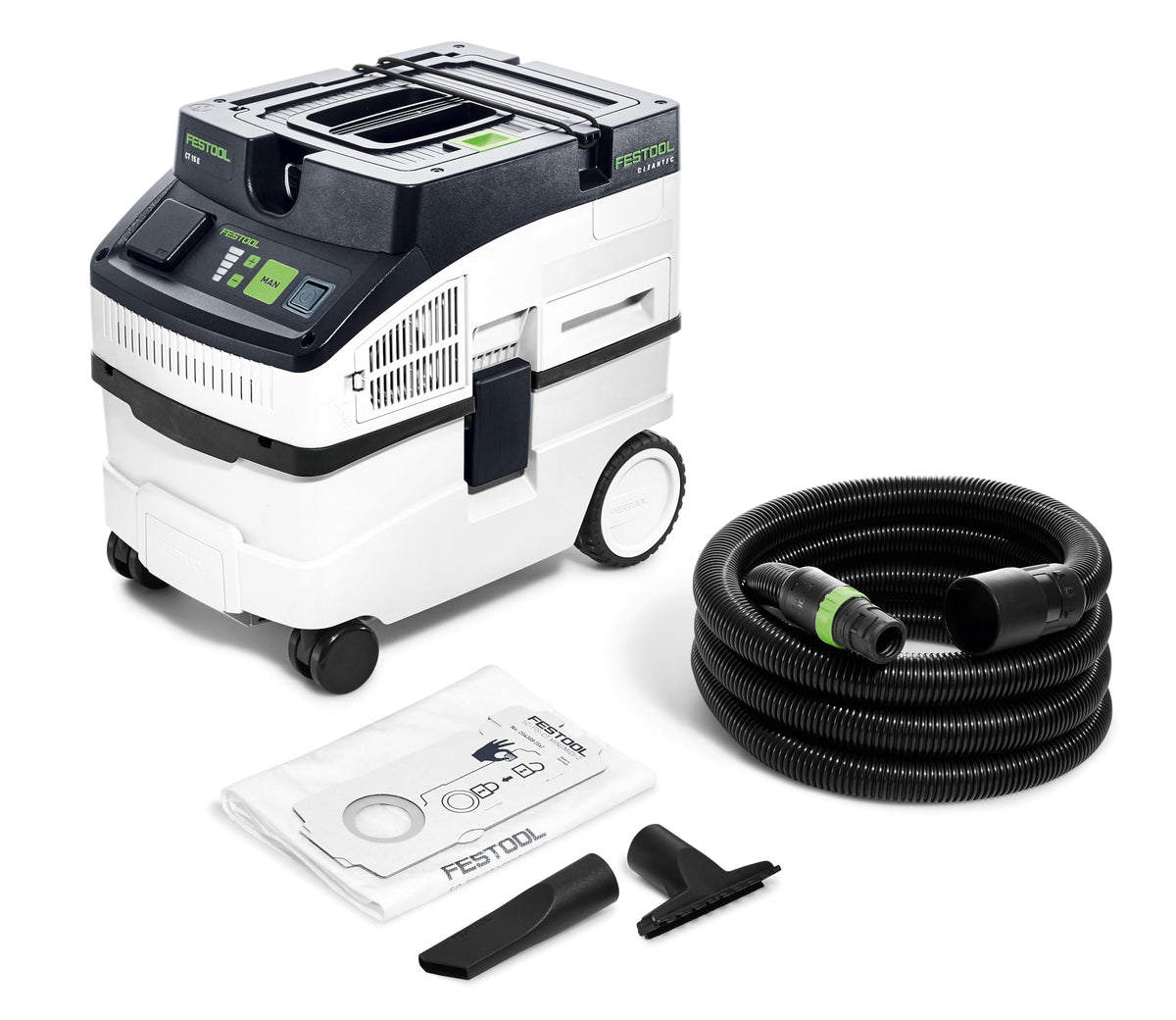 Festool CT 15 dust extractor front view—portable, high-suction cleanup on busy job sites.