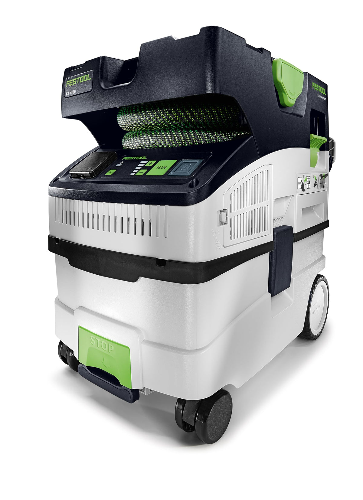 Festool CT MIDI I hose connection demonstrates reliable dust intake for workshop cleanup.