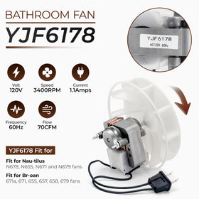 Fetechmate YJF6178 motor compatible with Broan and Nu-Tone models.
