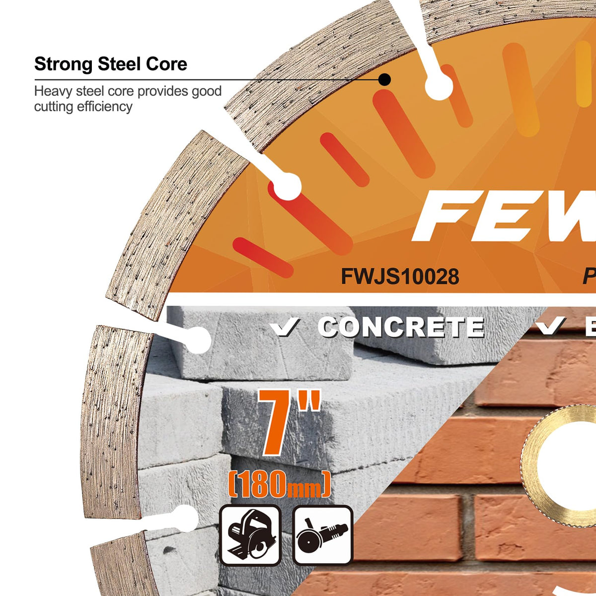 FEWELL adapter-equipped blade showing 7-8-5-8 compatibility with grinders.