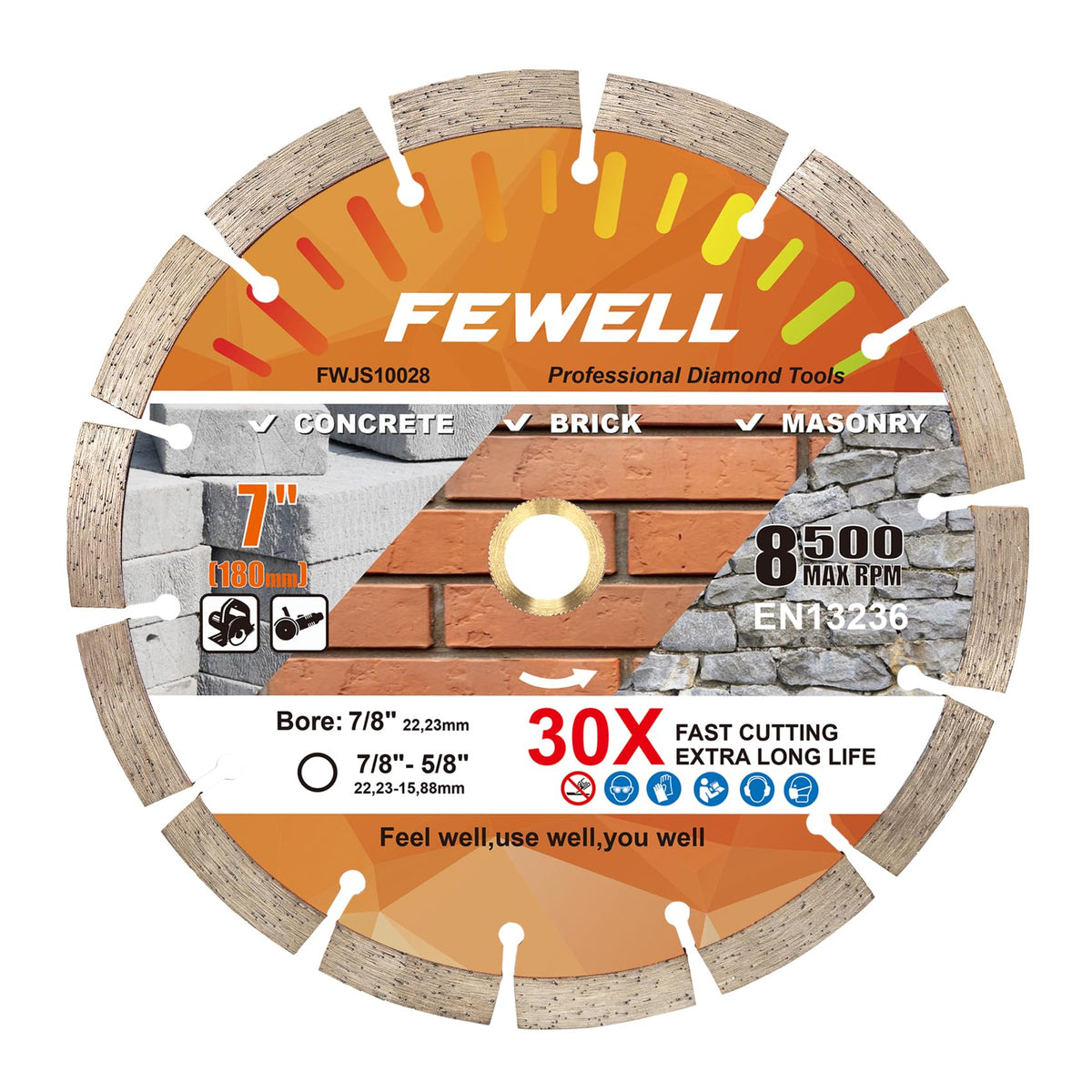 FEWELL 7-inch diamond blade segmented concrete cutting for dry or wet use.
