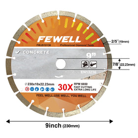 FEWELL 9-Inch Diamond Blade with segmented-teeth cooling for smoother cuts and cooler operation.