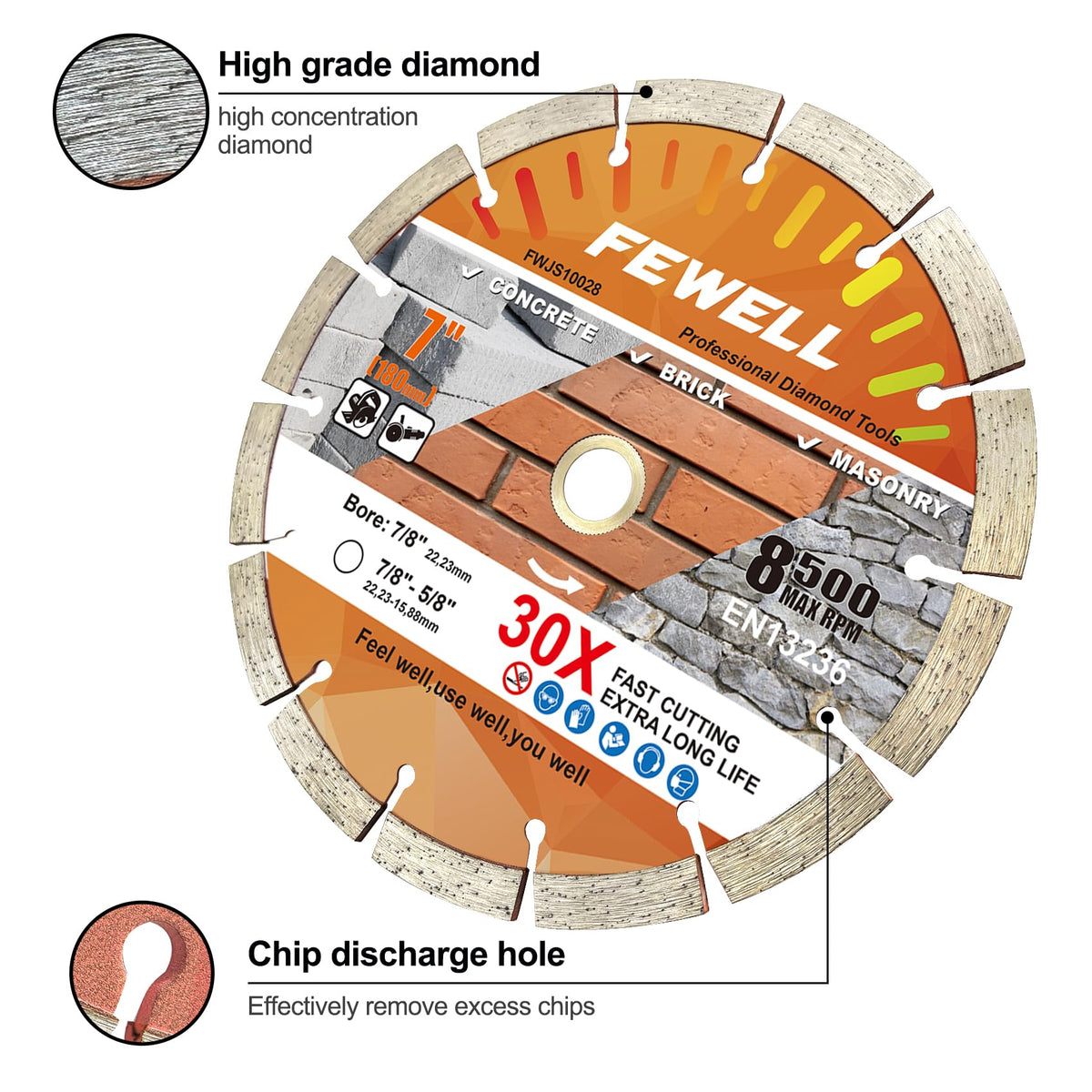 FEWELL blade featuring high-concentration diamonds and steel body for durability.