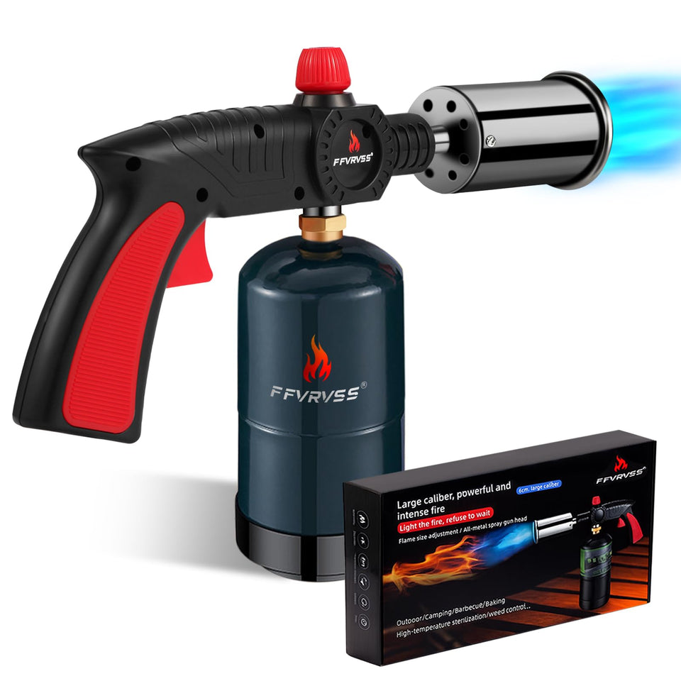 FFVRVSS grill torch with extended nozzle for safe, precise searing and browning.