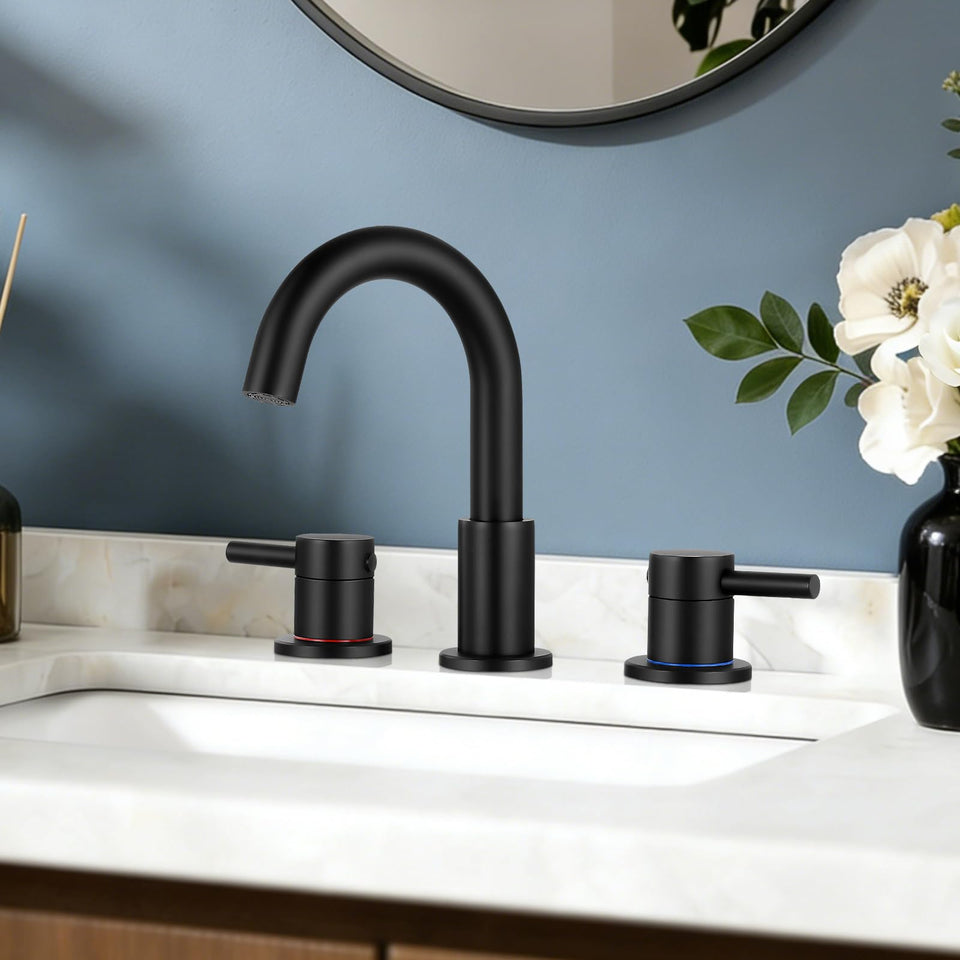 FGKQ black bathroom faucet with 8-inch wide swivel spout for flexible sink placement.