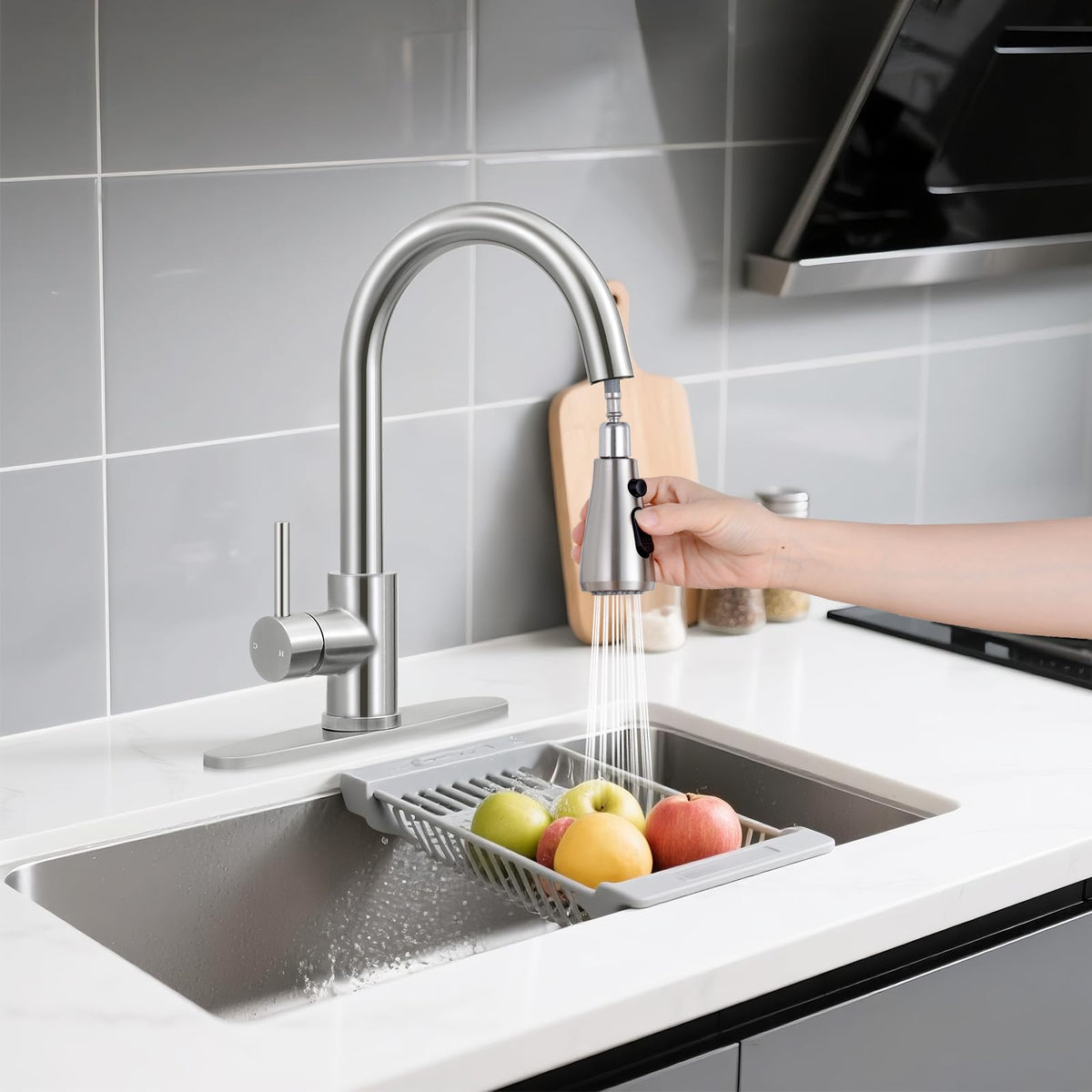 FGKQ goose-neck spout in brushed nickel adds stylish durability to the kitchen
