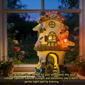 FHNQRQN fairy garden house displayed on a balcony for outdoor charm.