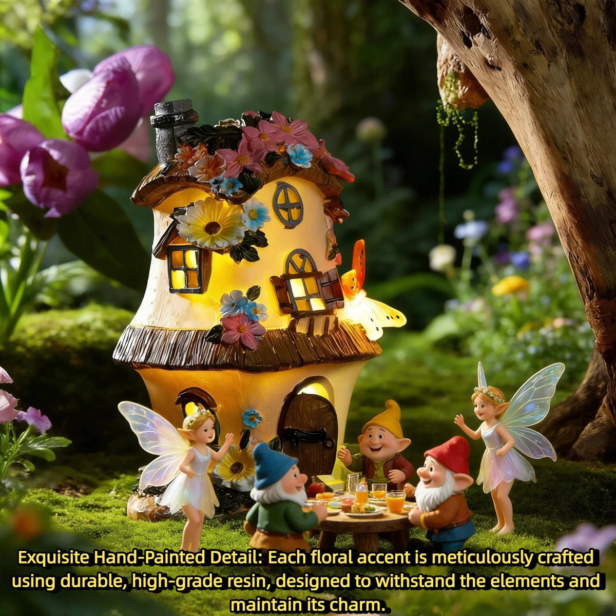 FHNQRQN milky-white fairy garden house with warm interior glow.