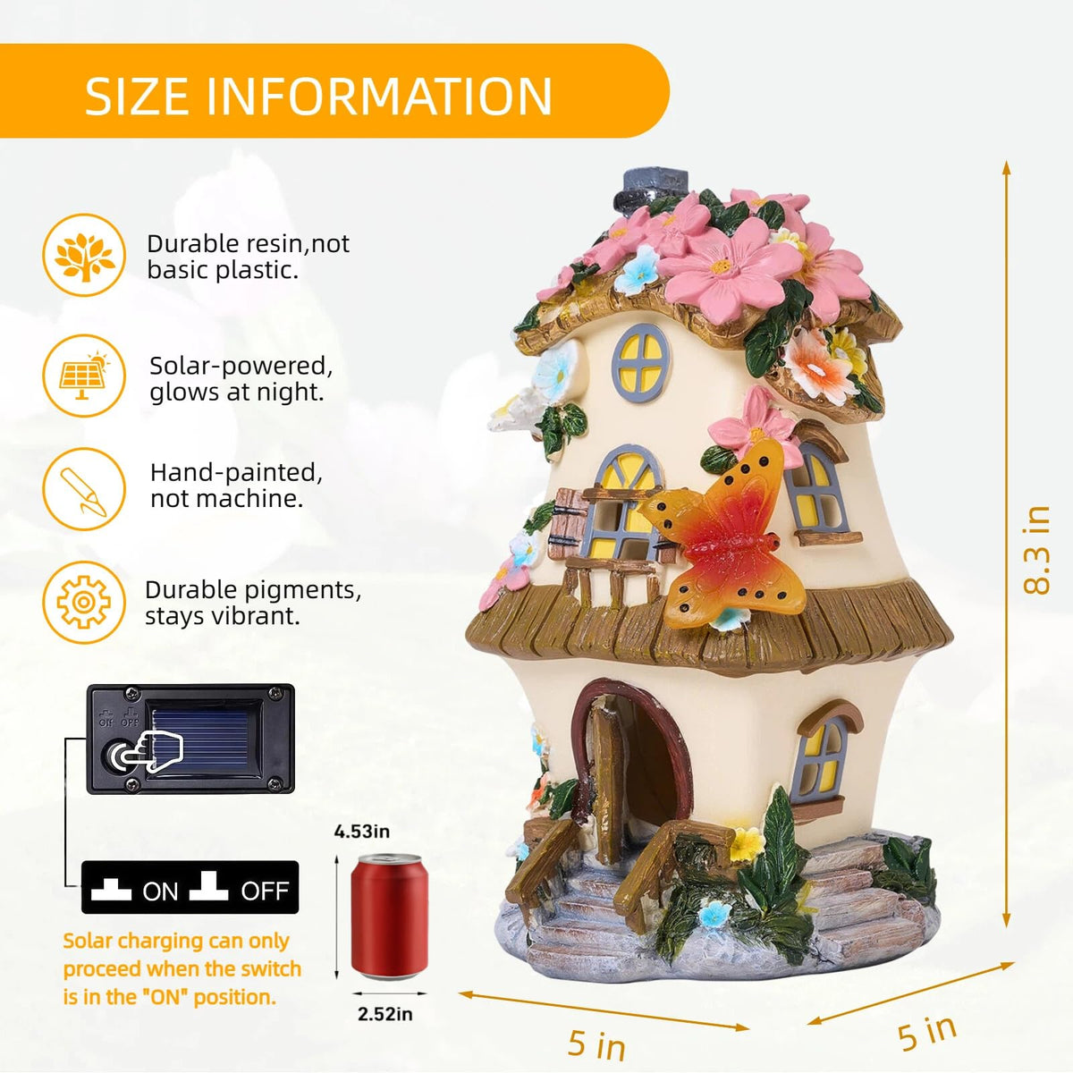 FHNQRQN resin fairy garden house shown on a sunny outdoor setting.