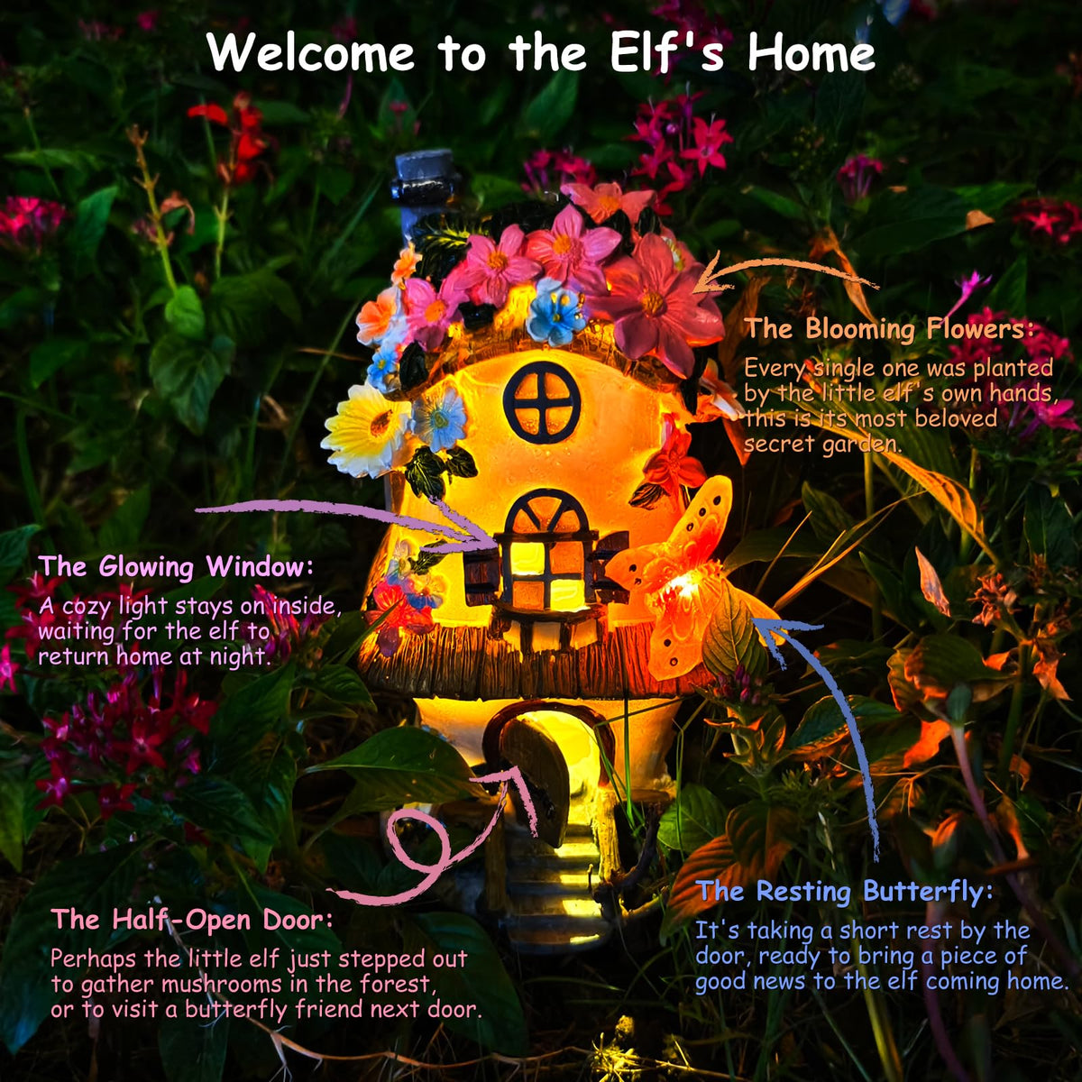 FHNQRQN porch-side fairy garden house adding whimsy to a doorway.