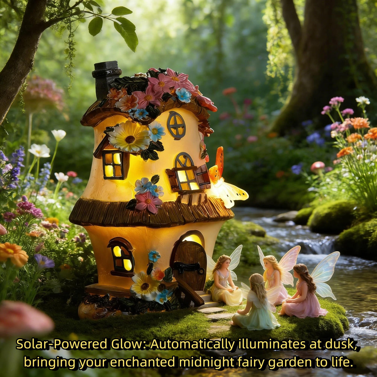 FHNQRQN solar-lit fairy garden house glowing at dusk.