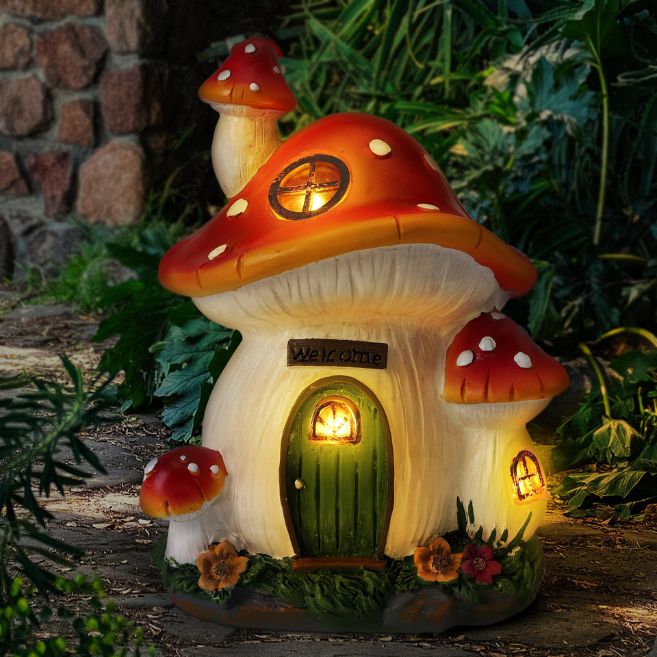 FHWTY mushroom house garden statue in resin for charming outdoor decor
