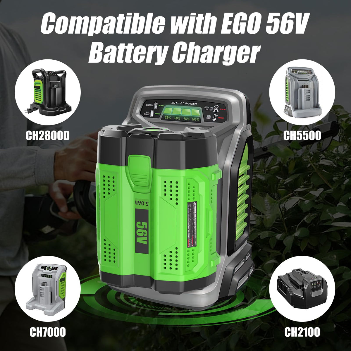 Fhybat 56V battery pack highlights ego compatibility.