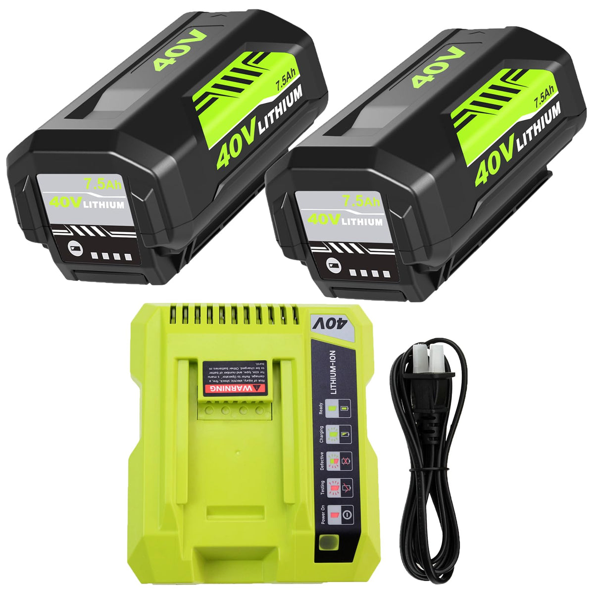 Fhybat 7500mAh battery closeup highlighting high capacity for extended Ryobi 40V use.