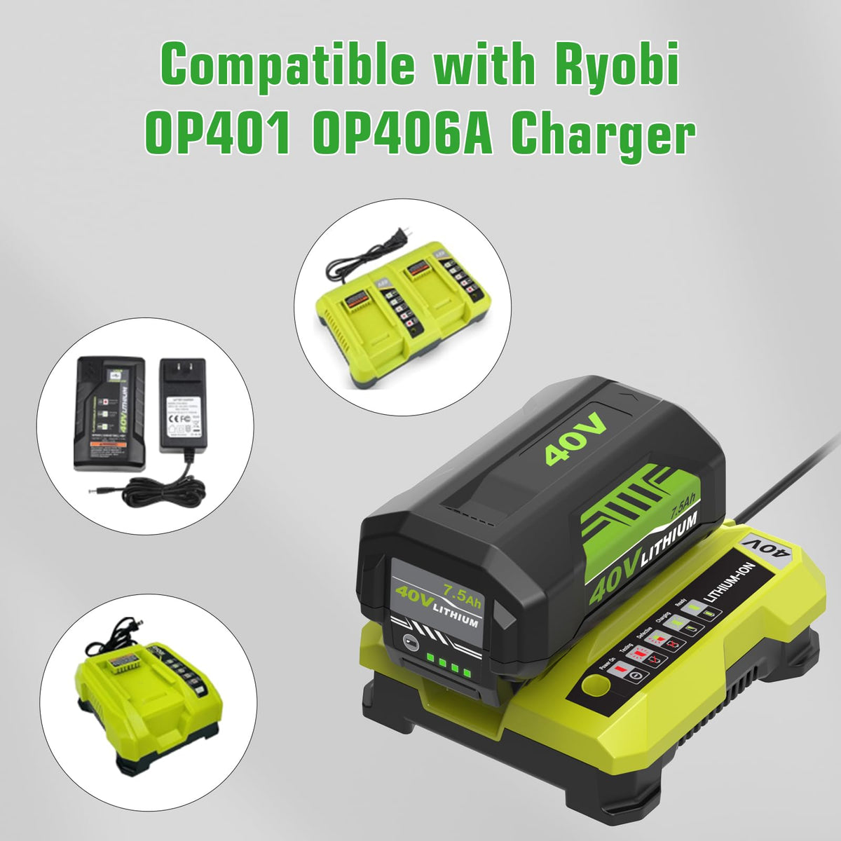 Fhybat green-cased 40V battery design emphasizes durability and visibility.