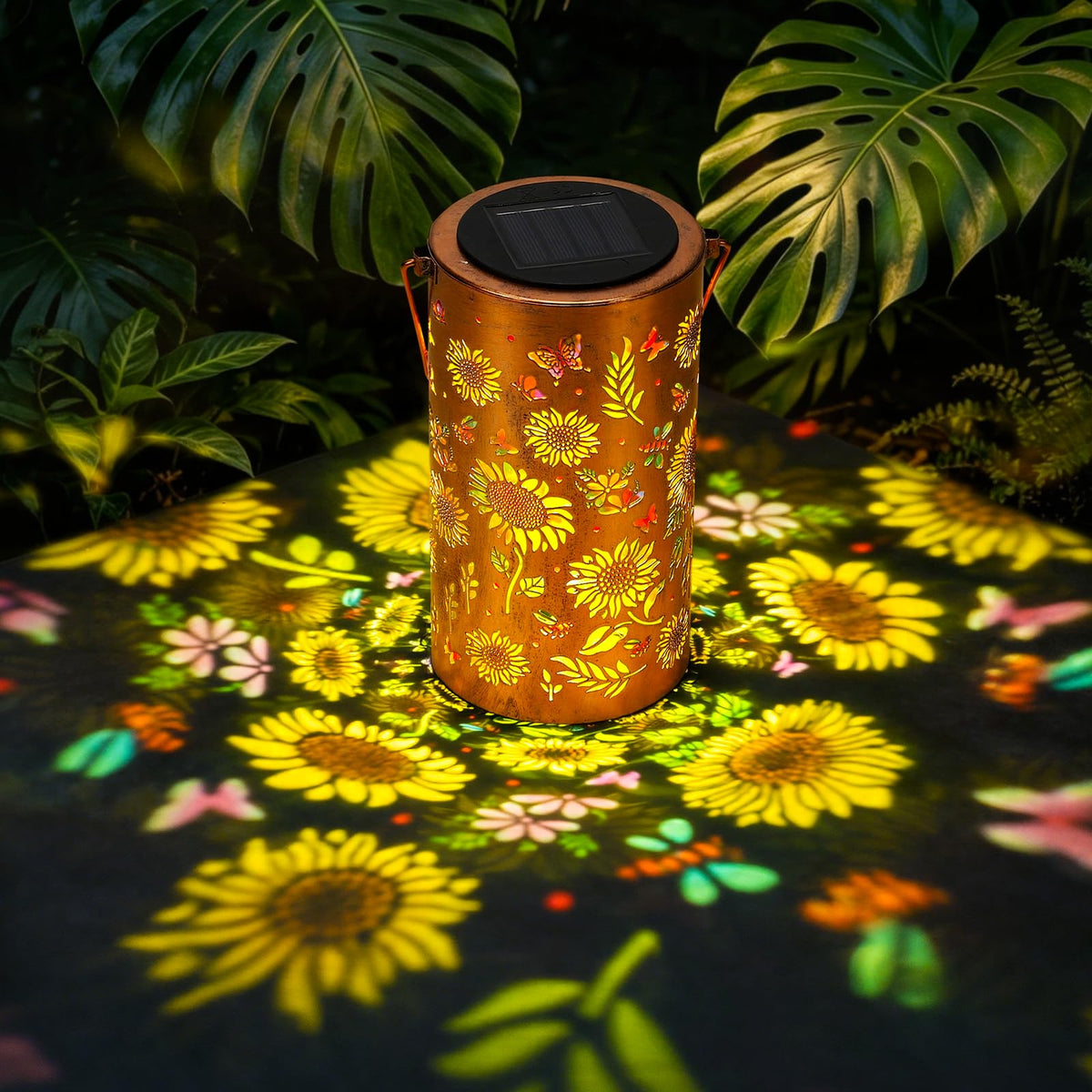 FIALAME Colorful Solar Lantern with sunflower pattern projecting warm garden light