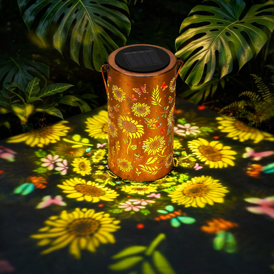 FIALAME Colorful Solar Lantern with sunflower pattern projecting warm garden light