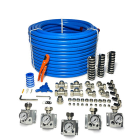 Fideursus compressed-air piping kit shows a complete setup with a gauge for reliable shop air.