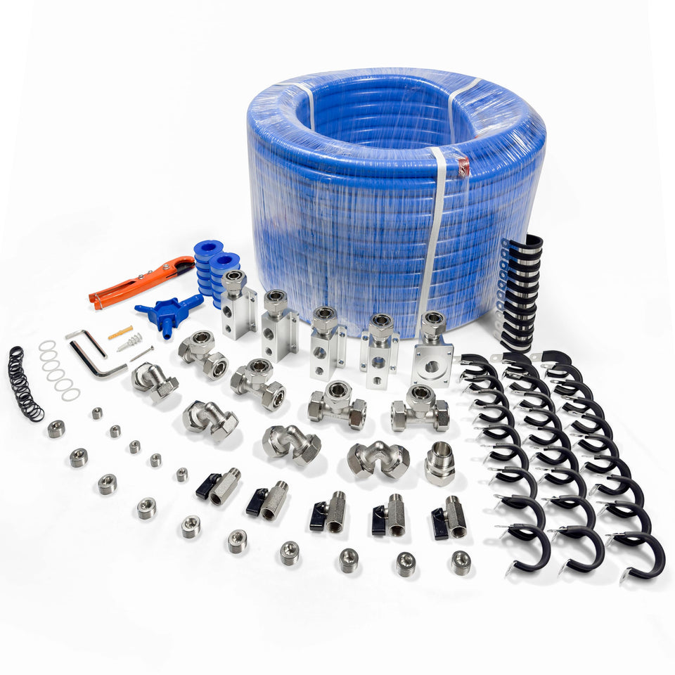 Fideursus compressed air piping kit laid out on floor showing 200 ft reel for shop use