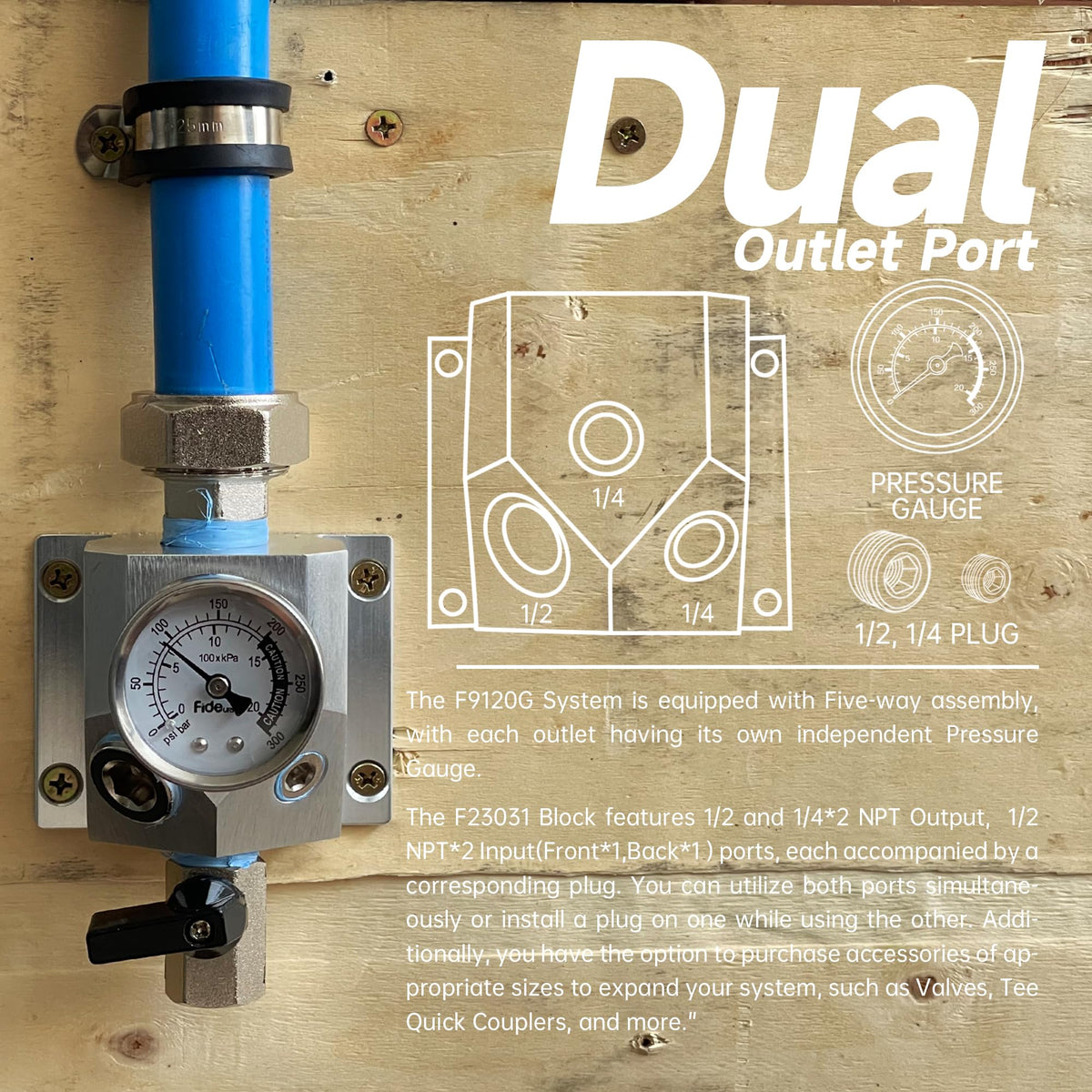 Fideursus five-way manifold with gauge enables flexible distribution in your workspace.