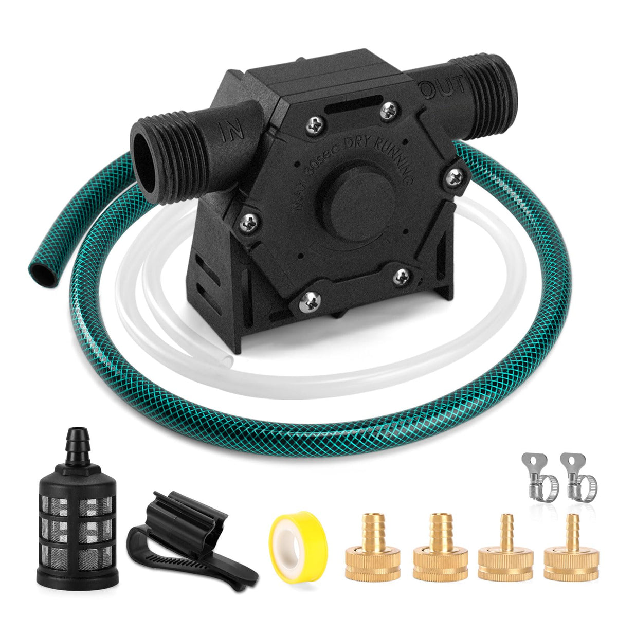 FIDISP drill pump setup for efficient water transfer in a garden and rain barrel.