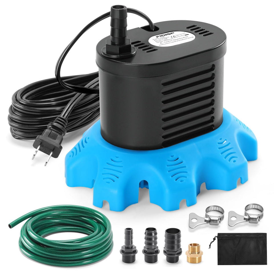 FIDISP pool cover pump 850gph draining water from pool covers quickly and efficiently.