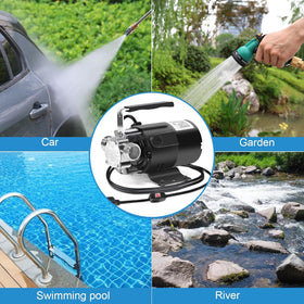 FIDISP water transfer pump in garden scene moving water from rain barrel.