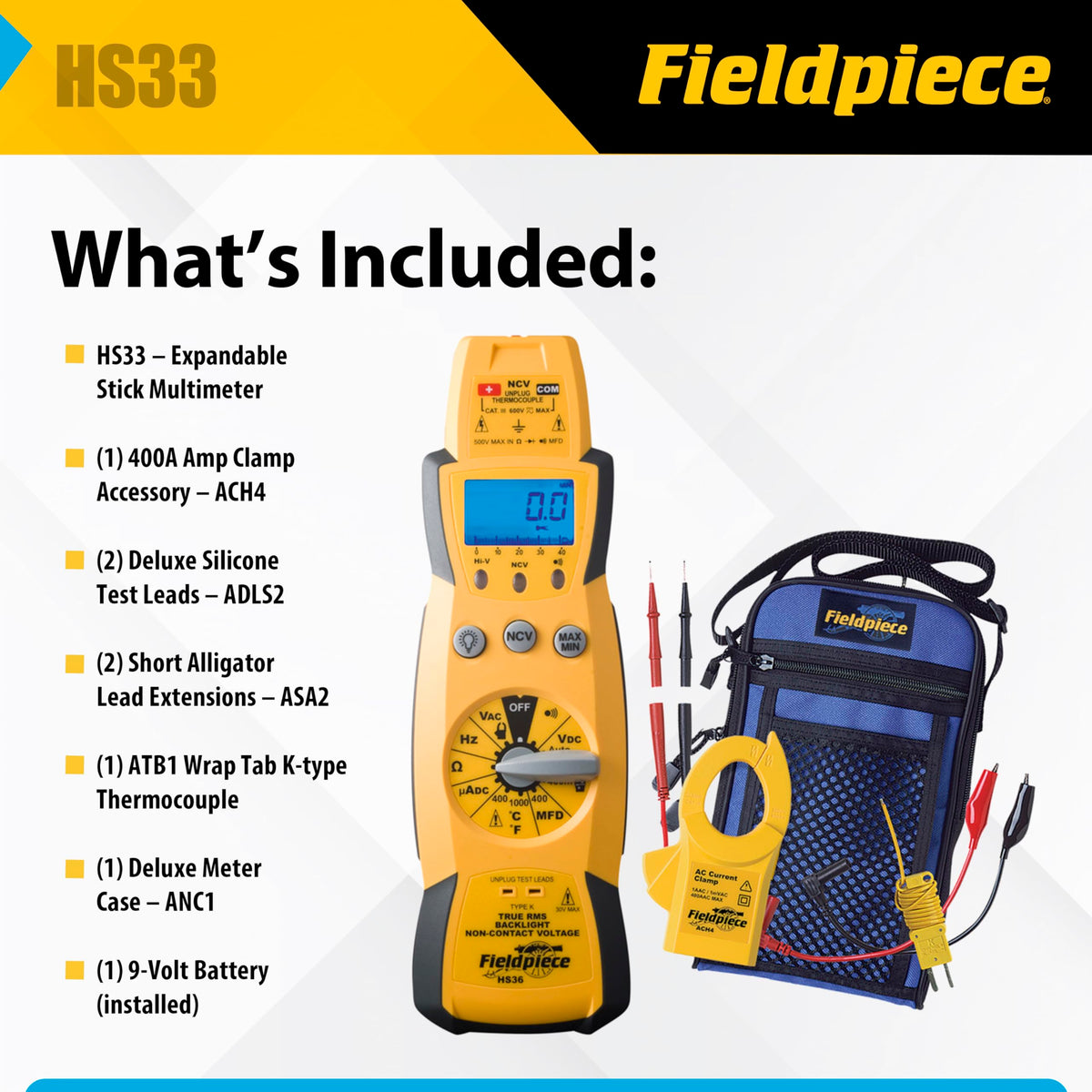 Fieldpiece HS33 400A amp clamp ACH4 for high-current measurements in HVAC/R.