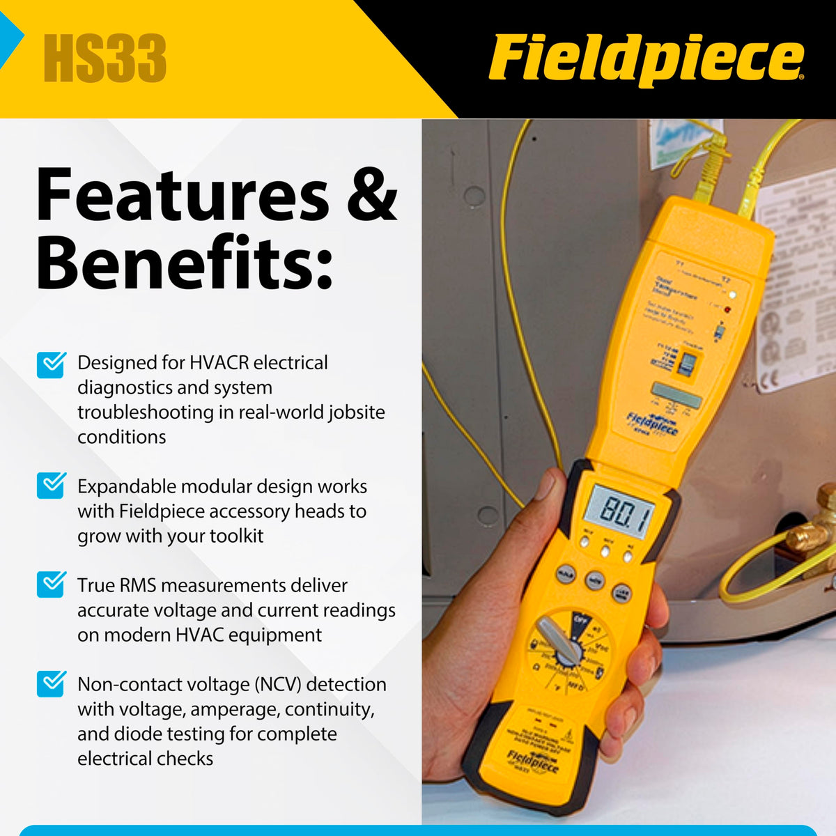Fieldpiece HS33 ergonomic housing shows secure grip during field diagnostics.