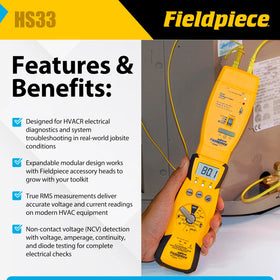 Fieldpiece HS33 ergonomic housing shows secure grip during field diagnostics.