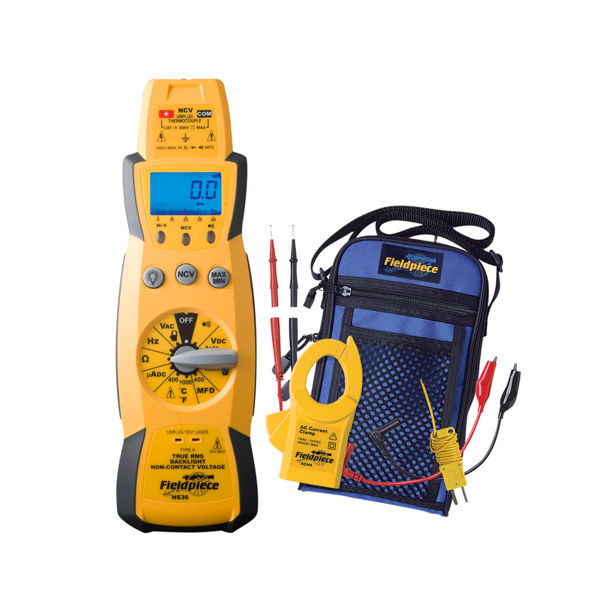 Fieldpiece HS33 front view highlighting compact ergonomic design for easy handheld HVAC/R testing.