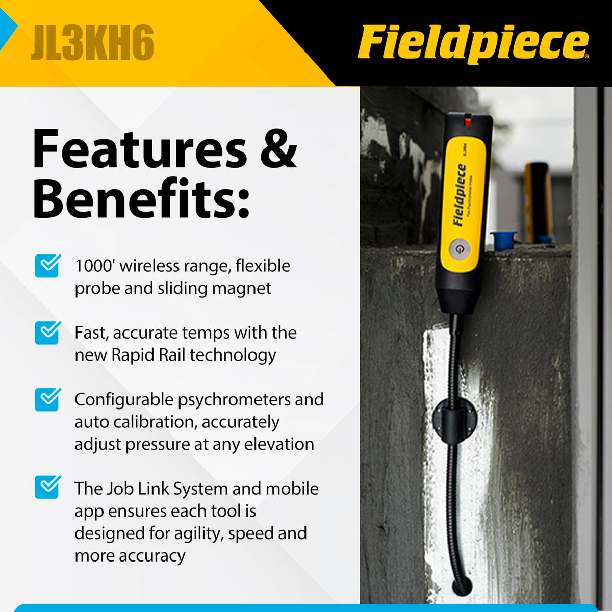 Fieldpiece JL3KH6 wireless probes placed at a duct grille for versatile testing.