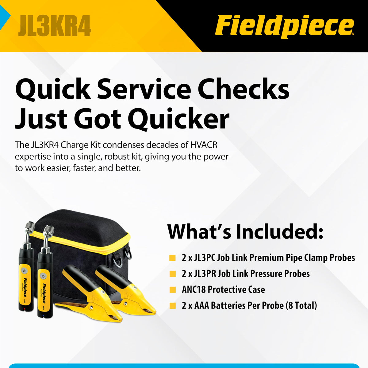 Fieldpiece JL3KR4 Charge Kit fast stabilization reduces setup time.