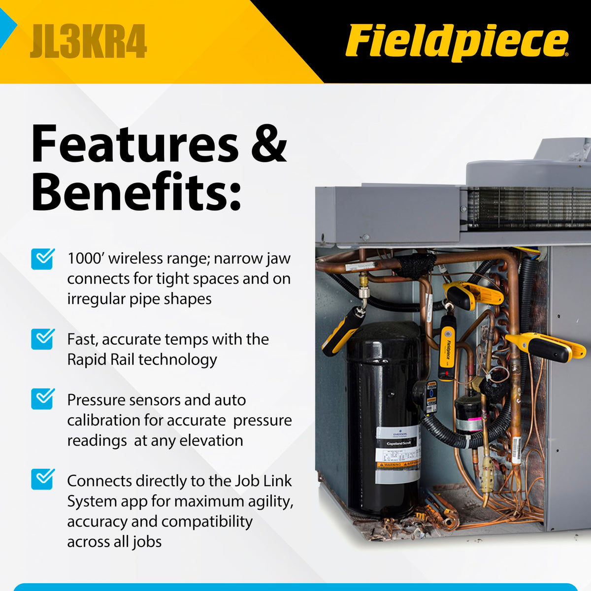 Fieldpiece JL3KR4 Charge Kit wireless range supports job-site flexibility.