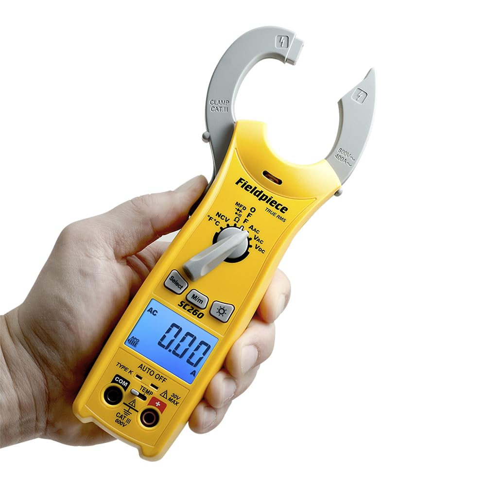 Fieldpiece SC260 clamp meter with clamp for quick HVACR amperage checks.