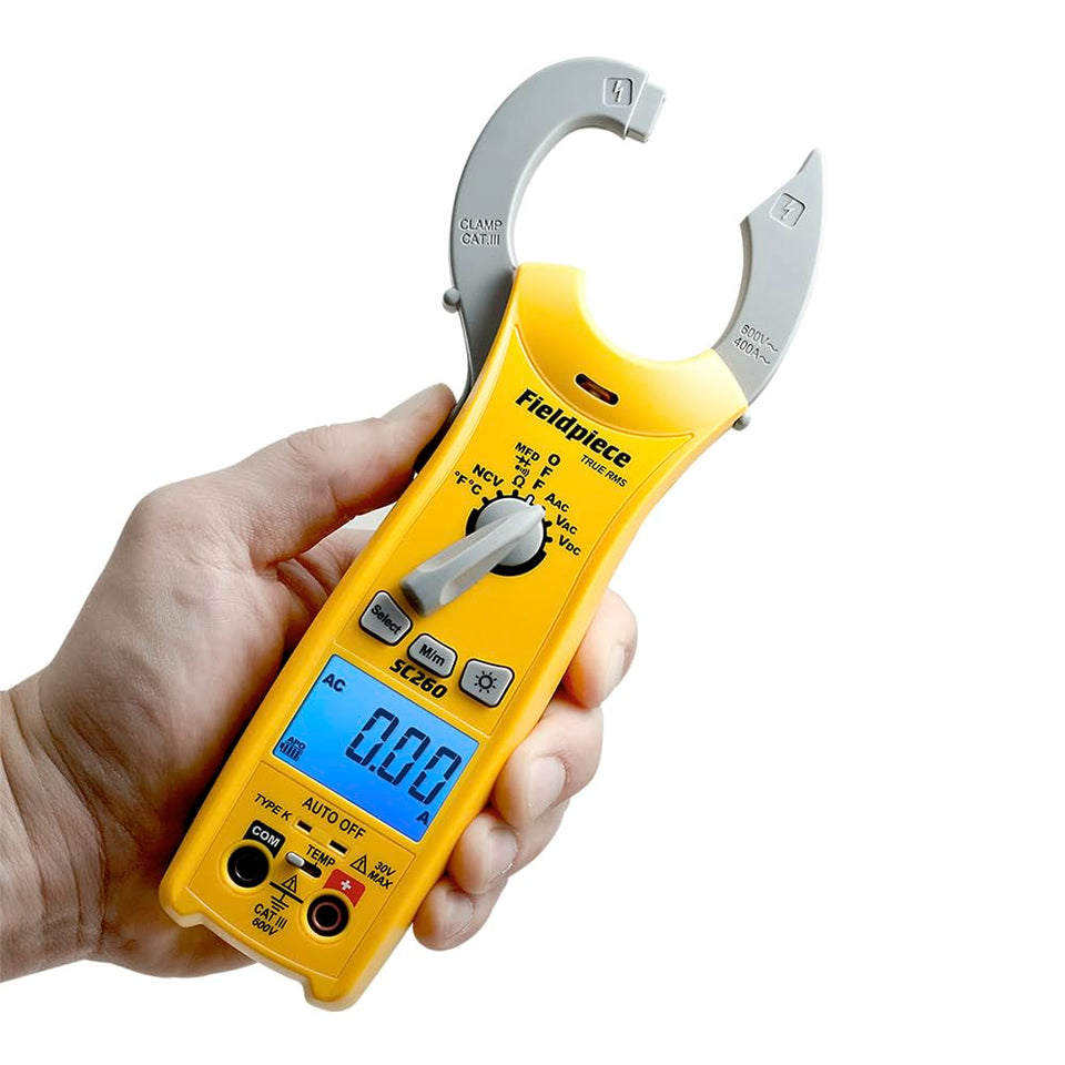 Fieldpiece SC260 clamp meter with clamp for quick HVACR amperage checks.
