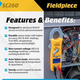 Fieldpiece SC260 displays temperature reading for HVACR diagnostics.