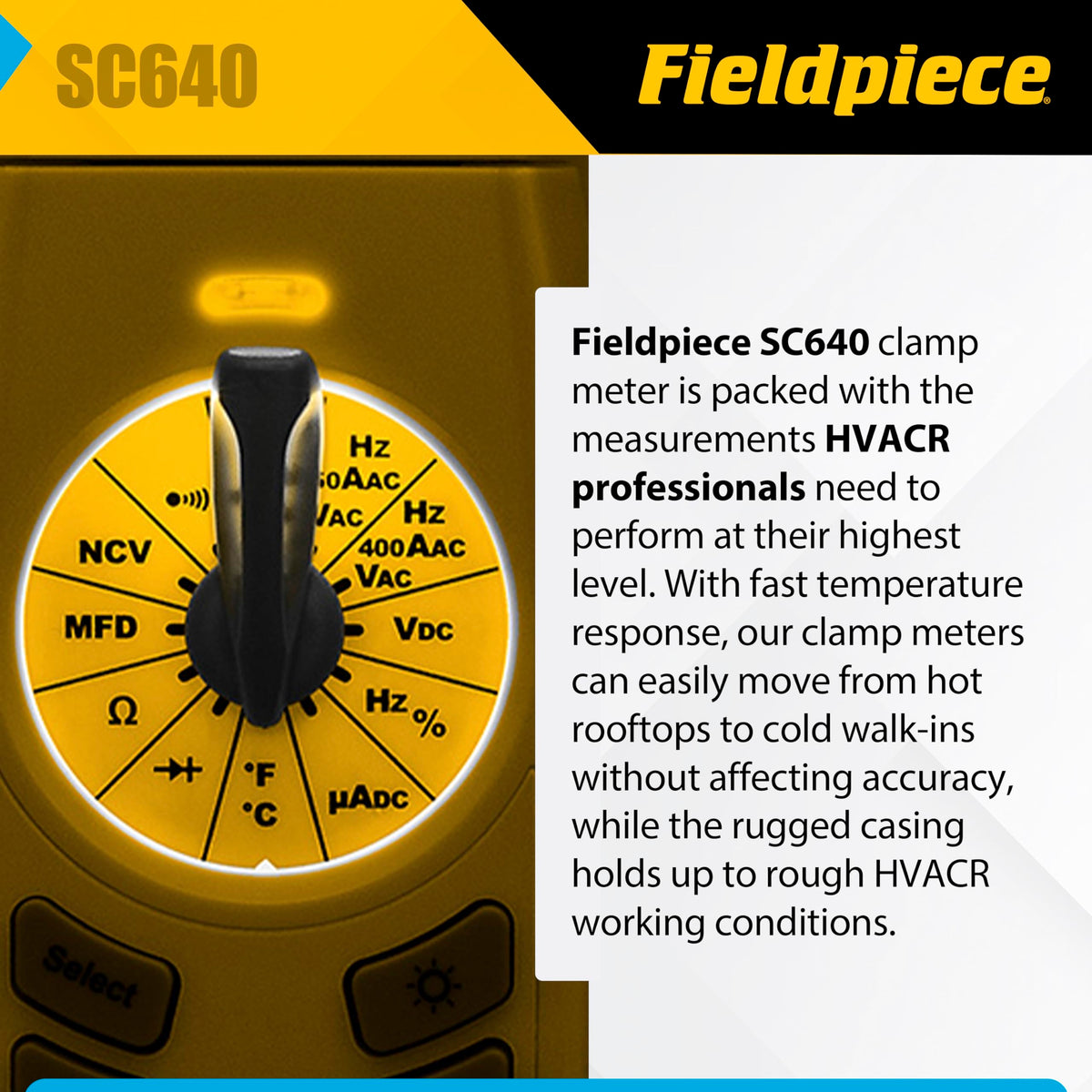 Fieldpiece SC640 backlit display improves readability in dim spaces