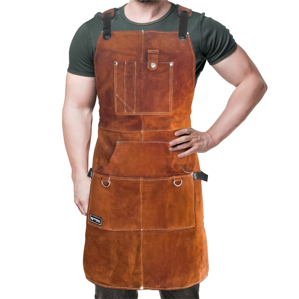 FIGHTECH leather welding apron front view showing 11 pockets for tool access.